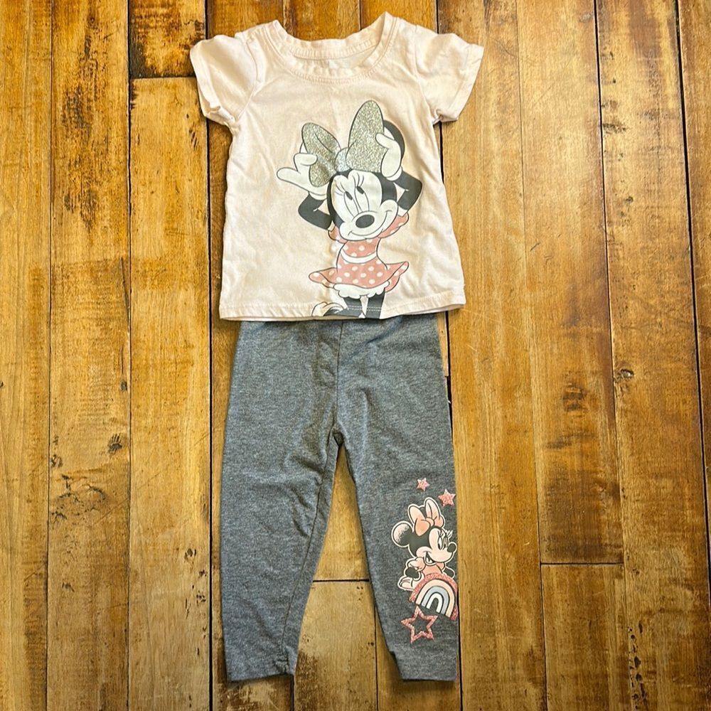Disney Jr Minnie Mouse outfit 18 months Pink Short sleeve Shirt Gray Leggings